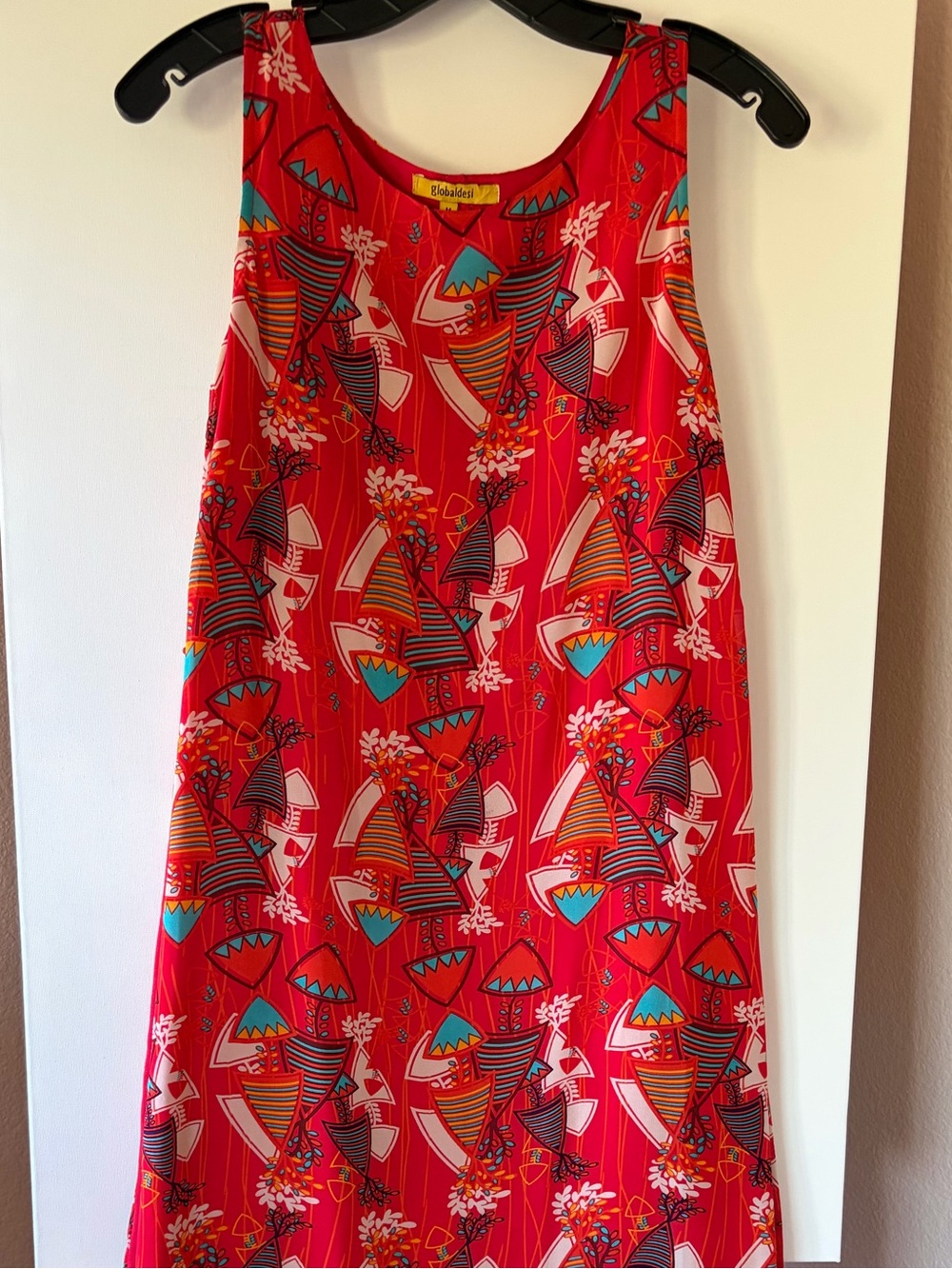 Global Desi Red Sailboat Geometric Print Maxi Dress Sleeveless Medium Boho